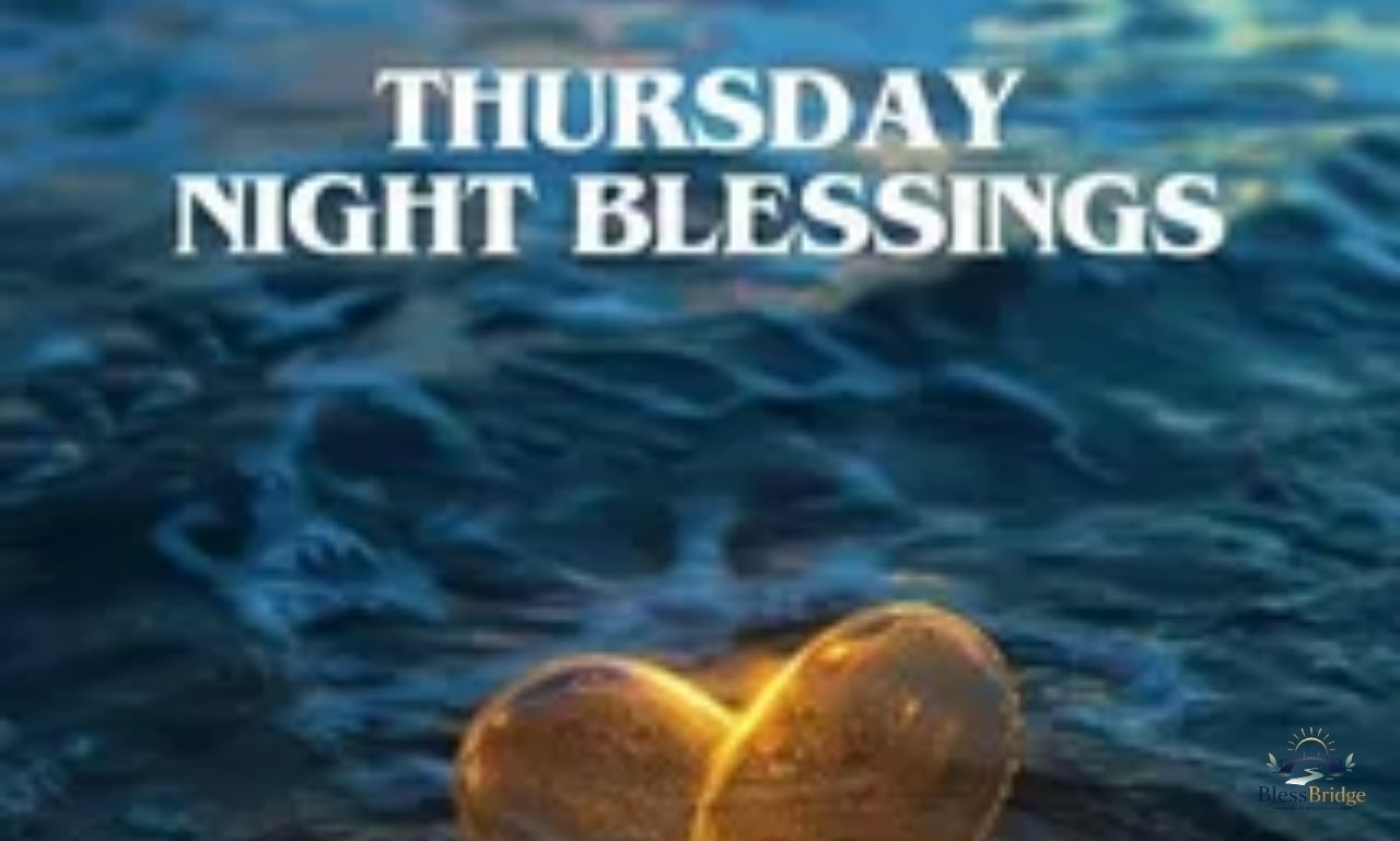 Thursday Night Blessings with peaceful prayers, inspirational quotes, good night wishes, stars, moon, and calming evening sky